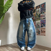 Men's Striped Embroidered Baggy Jeans – Washed Blue Wide-Leg Skateboard Pants